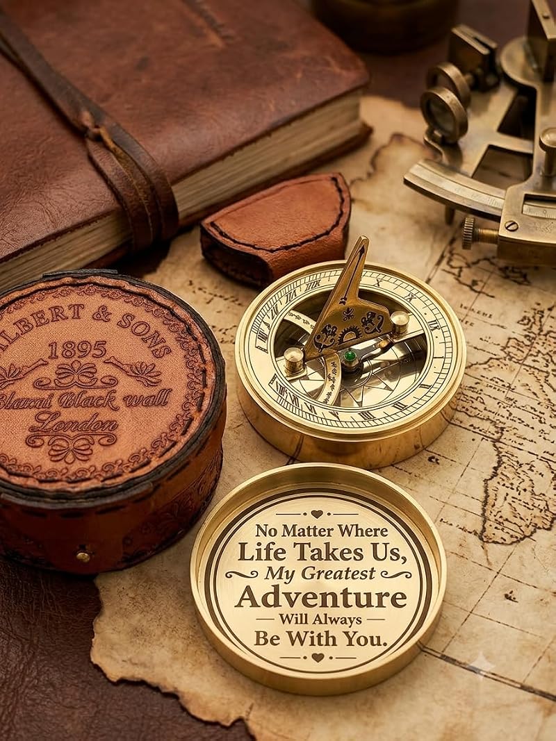 Brass Sundial Clock & Compass Set in Leather Case – Engraved Nautical Gift for Anniversary, Husband & Wife