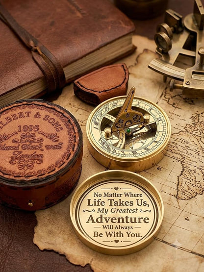 Brass Sundial Clock & Compass Set in Leather Case – Engraved Nautical Gift for Anniversary, Husband & Wife