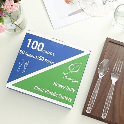 100 Count Extra Heavy Duty Clear Plastic Forks Disposable, BPA-Free, Heat Resistant, Durable Disposable Forks Bulk for Catering & Events 、Party Supplies