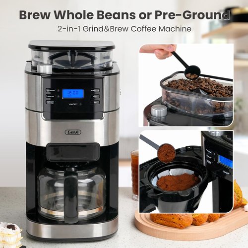 Gevi 10-Cup Drip Coffee Maker - Programmable Brew Machine with Built-in Grinder & Reusable Filter | 1.5L Water Tank