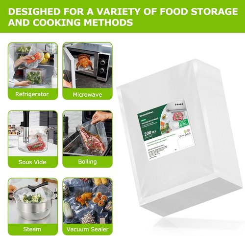Bonsenkitchen Vacuum Sealer Bags - 200 Quart, BPA Free, Commercial Grade, 8" x 12" Textured Bags for Sous Vide Cooking