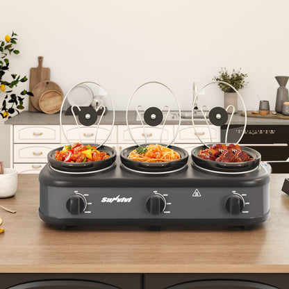 SUNVIVIPRO Triple Slow Cooker, Buffet Food Warmer with three 1.5-Quart Removable Ceramic Pots, Buffet Servers and Warmers with Glass Lids and 3 Spoons, Stainless Steel,Grey