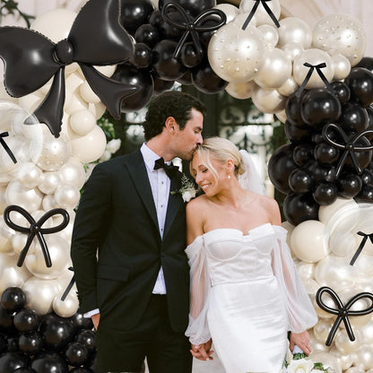 Skiennix Black Bow Birthday Decorations - 187-Piece Black and White Balloon Arch Kit with Pearl Balloons & Ribbons