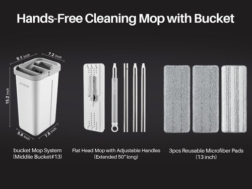 JOYMOOP Mop and Bucket with Wringer Set, Hands Free Flat Floor Mop and Bucket, with 3 Washable Microfiber Pads, Wet and Dry Use, Floor Cleaning System