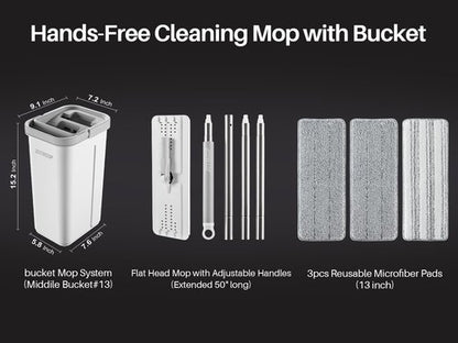 JOYMOOP Mop and Bucket with Wringer Set, Hands Free Flat Floor Mop and Bucket, with 3 Washable Microfiber Pads, Wet and Dry Use, Floor Cleaning System