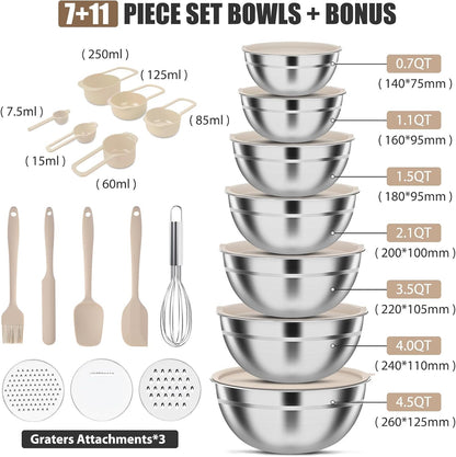 Stainless Steel Mixing Bowls Set by [Brand Name] - 7-Piece with Lids & Grater Attachments | Perfect for Cooking & Baking, Khaki