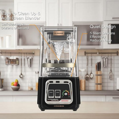 CRANDDI Commercial Blender - 2200W Quiet Smoothie Maker with Removable Shield | 52oz, Black