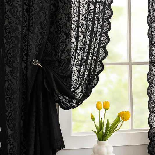 ALIGOGO Black Lace Curtains 63 Inch Length Elegant Vintage Floral Sheer Curtain Panels for Halloween Luxury Gothic Curtains for Bedroom Witchy/Goth Room Decor, 52 x 63 Black