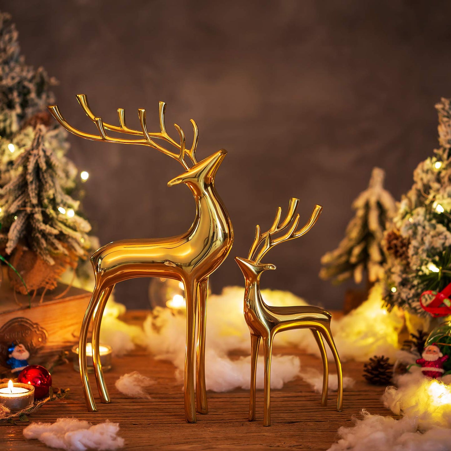 Sziqiqi Reindeer Figurine Statues Deluxe Set of 2, Christmas Deer Pure Copper Heavy Reindeer Ornaments for Home Decor Accents Living Room Office Bookself Tabletop Mantle Christmas Decoration, Gold