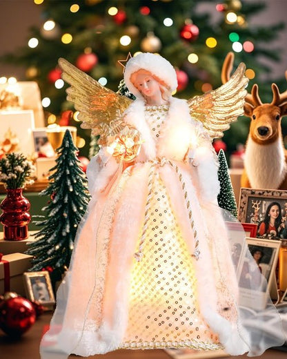 Bdor 14-Inch Christmas Tree Topper Angel - Lighted Golden Wings & Elegant White Gold Design for Holiday Décor