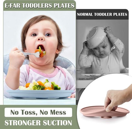 E-far Stainless Steel Toddler Plates - 9" Non-Slip Suction Plates, 4-Pack Divided Baby Dishes, Dishwasher Safe