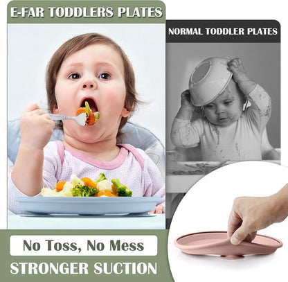 E-far Stainless Steel Toddler Plates - 9" Non-Slip Suction Plates, 4-Pack Divided Baby Dishes, Dishwasher Safe