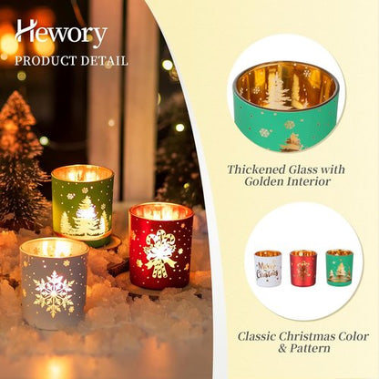 Hewory Christmas Votive Candle Holders - Set of 6 Cylinder Glass Tea Light Holders for Holiday Decor