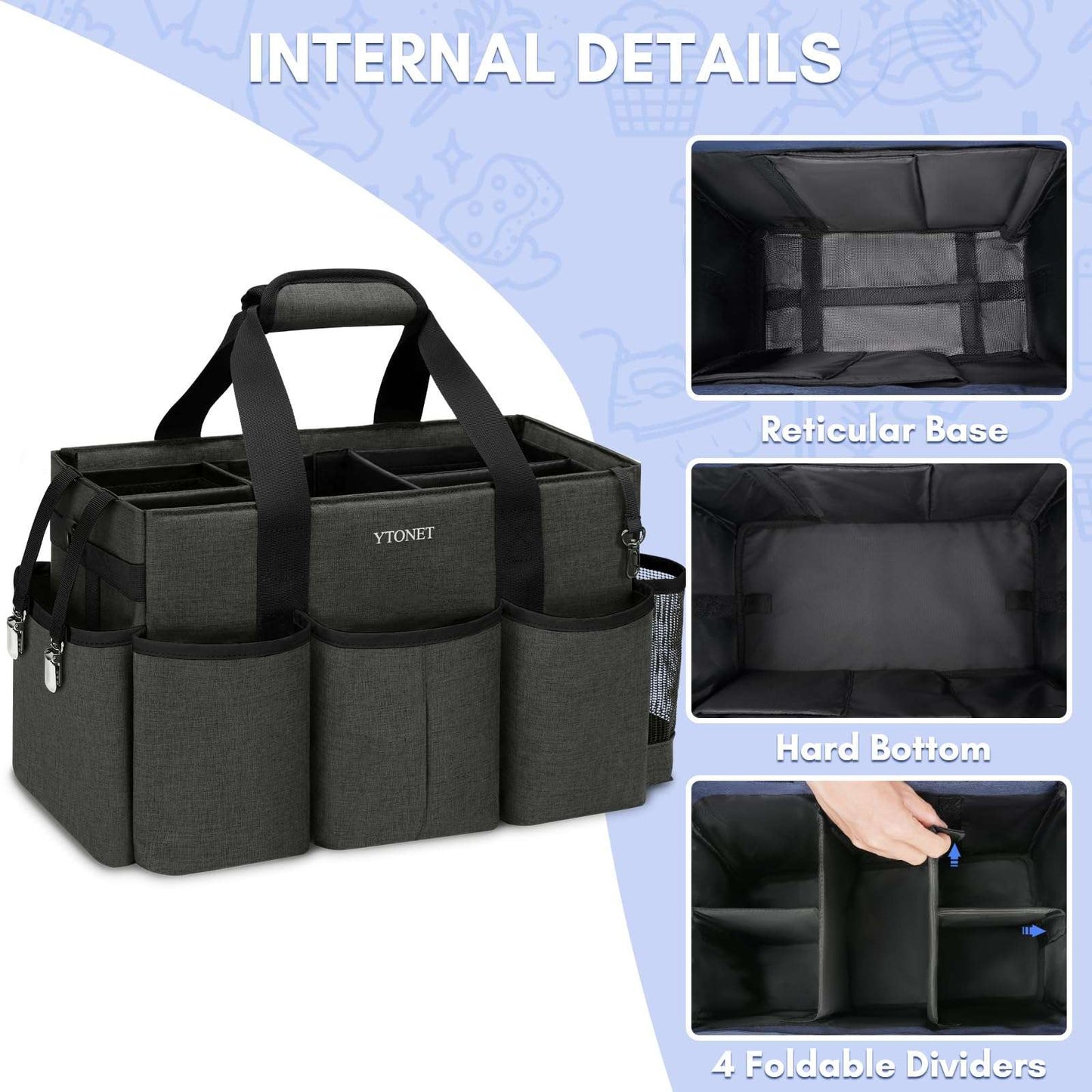 Ytonet Wearable Cleaning Caddy Bag, Large Cleaning Supplies Organizer with 4 Foldable Dividers, Caddy Organizer with Handle & Shoulder Strap & Waist Strap for Cleaners & Housekeepers, Black Grey