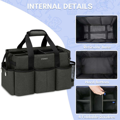 Ytonet Wearable Cleaning Caddy Bag, Large Cleaning Supplies Organizer with 4 Foldable Dividers, Caddy Organizer with Handle & Shoulder Strap & Waist Strap for Cleaners & Housekeepers, Black Grey