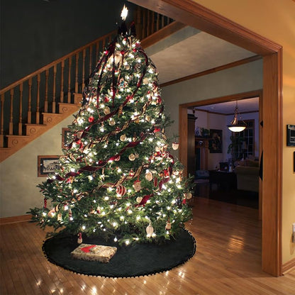 Black 48 Inch Christmas Tree Skirt - Burlap Double Layer with Pom Poms, Rustic Santa Decor (Variation: Black+48inch)