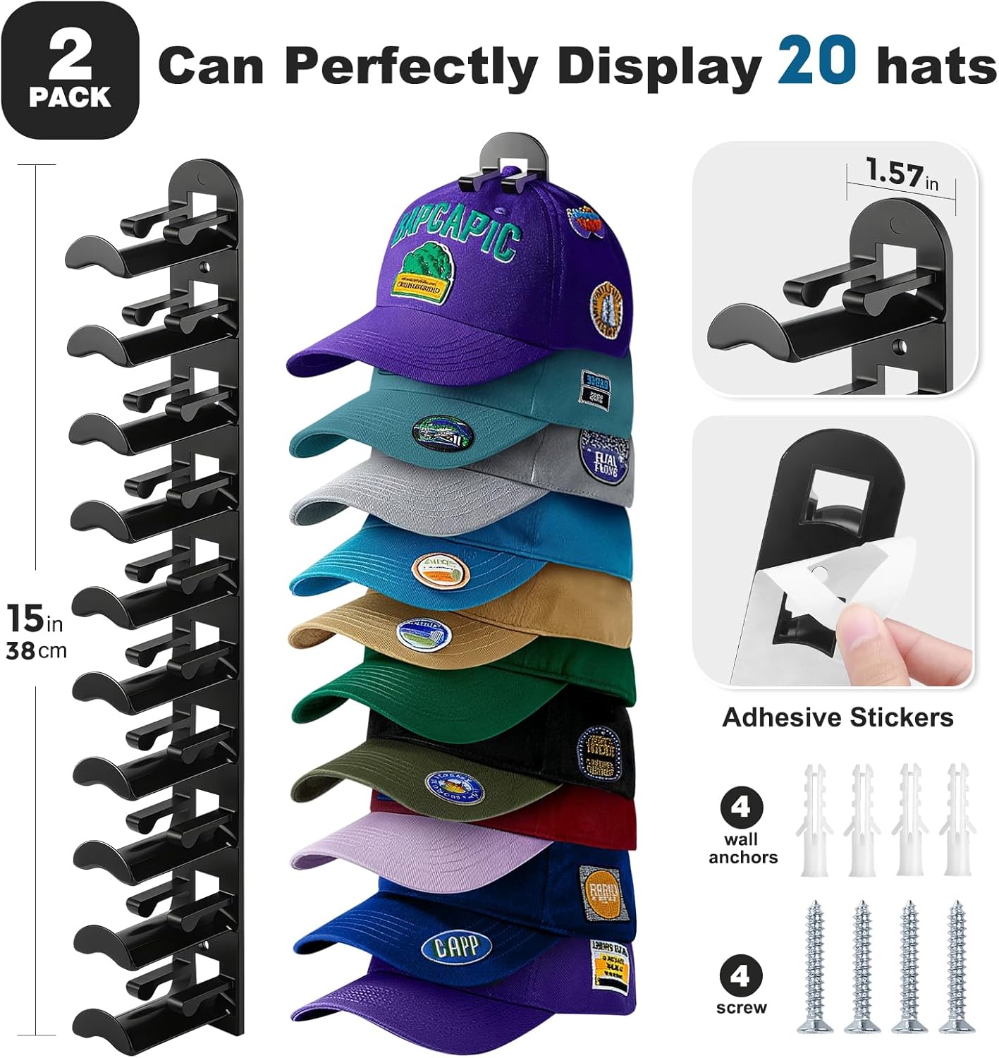 Skiennix Hat Organizer - Wall-Mounted Rack for Up to 20 Baseball Caps | Strong Adhesive & Screws - Black