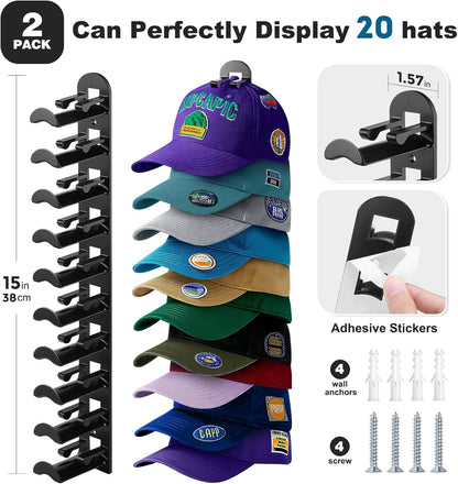 Skiennix Hat Organizer - Wall-Mounted Rack for Up to 20 Baseball Caps | Strong Adhesive & Screws - Black