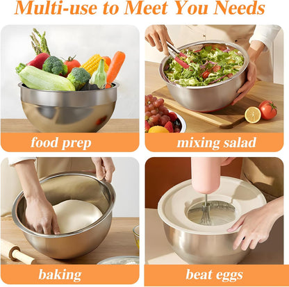 Skiennix Stainless Steel Mixing Bowls Set - 6 PCS with Lids & 3 Grater Attachments | Large Nesting Sizes 4.5QT to 0.7QT