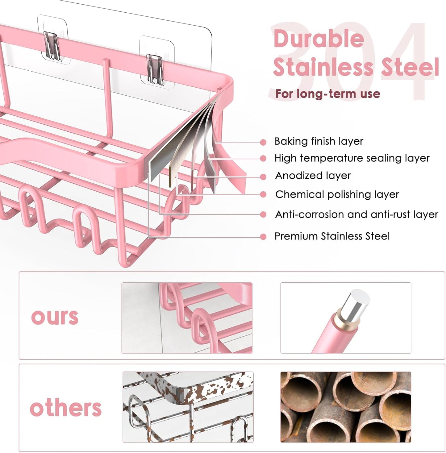 NESOMI Shower Caddy | Rustproof Stainless Steel Organizer - 8-Pack No-Drill Storage with Soap Dish & Hooks