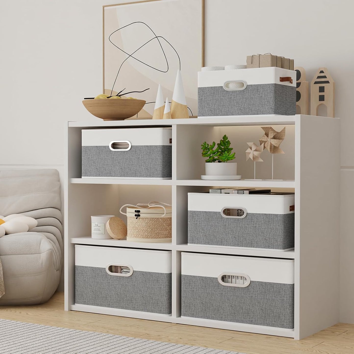Yawinhe Fabric Storage Baskets - Foldable Closet Organizer with 3 Handles | Large Canvas Bins, White/Grey, 4-Pack (12.99''L x 9.05''W x 7.87''H)