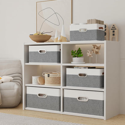 Yawinhe Fabric Storage Baskets - Foldable Closet Organizer with 3 Handles | Large Canvas Bins, White/Grey, 4-Pack (12.99''L x 9.05''W x 7.87''H)