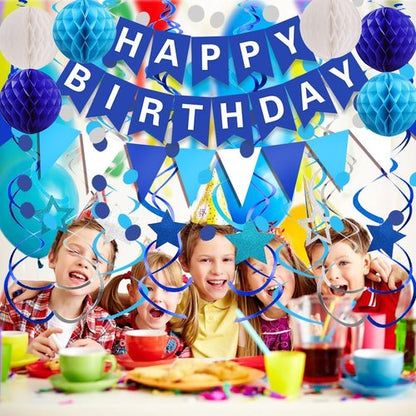 FECEDY Happy Birthday Banner - Navy Blue Paper Flag & Circle Garland | Party Decorations Set