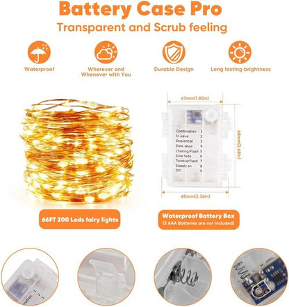 Ariceleo Outdoor String Lights - 65.6 Ft Battery Operated LED Fairy Lights with Remote & Timer | Waterproof Warm White Twinkle Lights for Weddings, Parties & More
