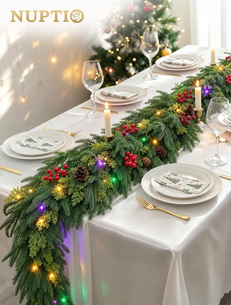 9 Ft Norfolk Pine Garland with 80 LED Lights - Prelit Artificial Greenery, Multi-Function Remote