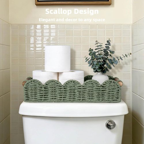 CubesLand Bathroom Basket Organizer - Scalloped Wicker Storage Tray with Cut-Out Handle | Green