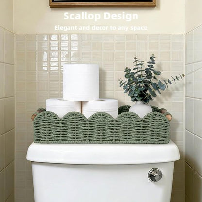 CubesLand Bathroom Basket Organizer - Scalloped Wicker Storage Tray with Cut-Out Handle | Green