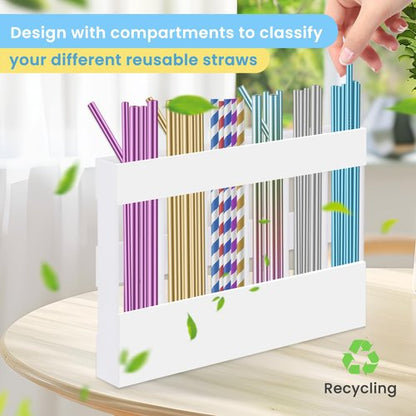 Acrylic Straw Holder for Cabinet, Reusable Straw Organizer with Double Sided Adhesive Tape Tumbler Straw Storage Container for Cupboard Drinking Straw Dispenser for Kitchen Counter (White)