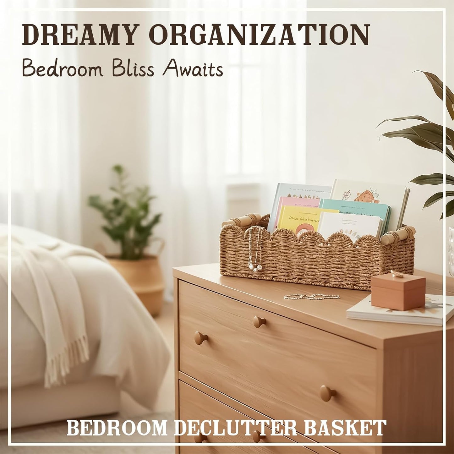 Upgraded Paper Rope Toilet Paper Storage Basket - Scalloped Edge Design | Small Neutral Decor with 2 Wooden Handles