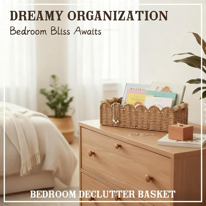 Upgraded Paper Rope Toilet Paper Storage Basket - Scalloped Edge Design | Small Neutral Decor with 2 Wooden Handles