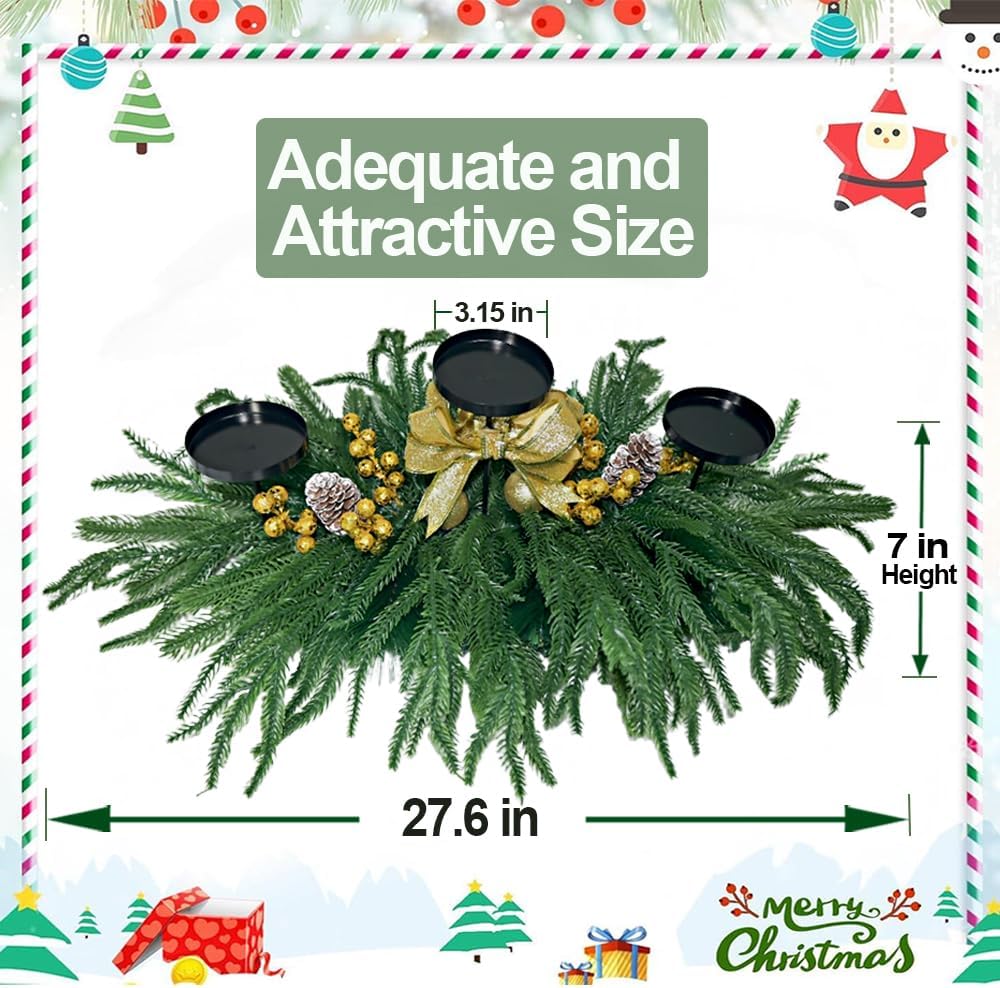 Skiennix Christmas Centerpiece - Elegant Candle Holders with Golden Glitter Bow & Pine Cones | 27.6" Table Decor