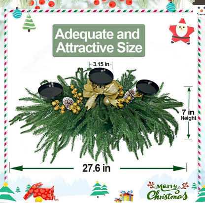 Skiennix Christmas Centerpiece - Elegant Candle Holders with Golden Glitter Bow & Pine Cones | 27.6" Table Decor