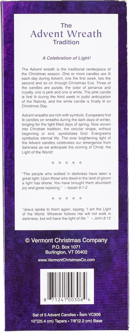 Vermont Christmas Company | Set of 5 Advent Candles - 10" Wax Taper Candles in Purple, Pink & White