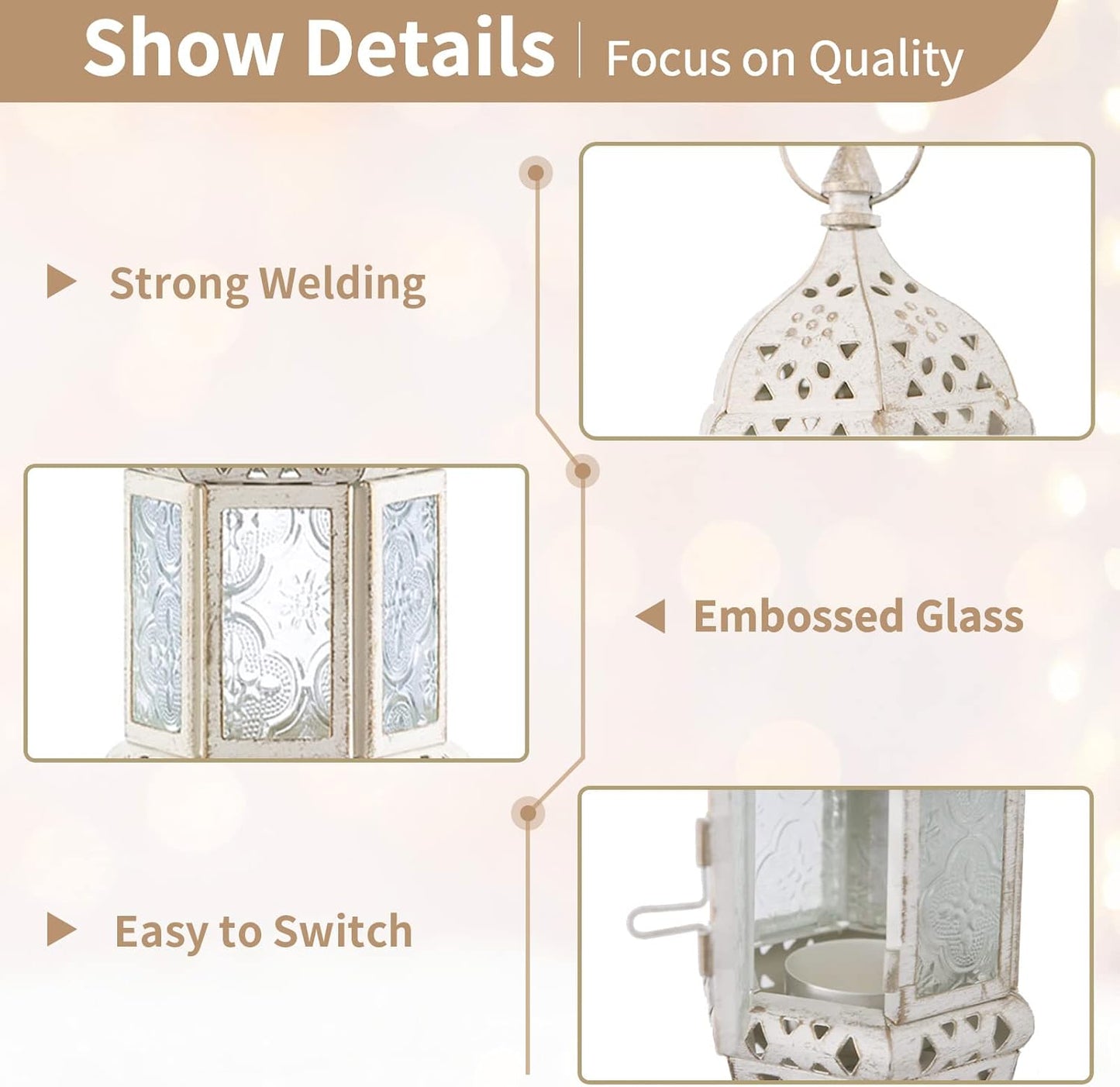Regine Switzerland Moroccan Lantern - Metal Hanging Tealight Candle Holder | Battery Operated LED, White