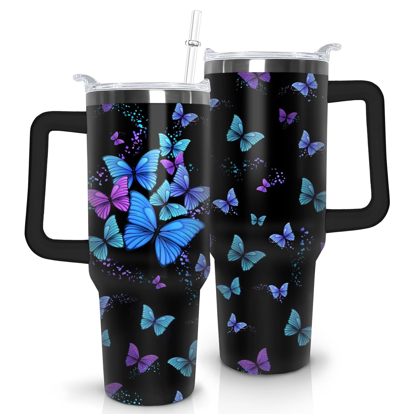 thmasamwr Butterfly Tumbler with Lid and Straw, Stainless Steel 40oz Tumbler with Handle, Butterfly Travel Coffee Mug Water Bottle, Butterfly Gifts Cups for Women and Girls