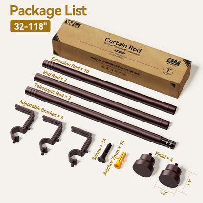 YaFex Curtain Rods 2 Pack 32-118 Inch, Heavy Duty 1 Inch Curtain Rod, Bronze Long Adjustable Window Treatment Rods,Modern Design, Easy Installation