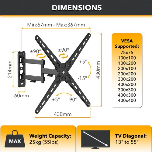 CondoMounts TVA8044 Full Motion TV Wall Mount for 13"–55" Screens | Articulating TV Wall Mount with Swivel Arm | Max VESA 400x400mm, Holds 55lbs | Black