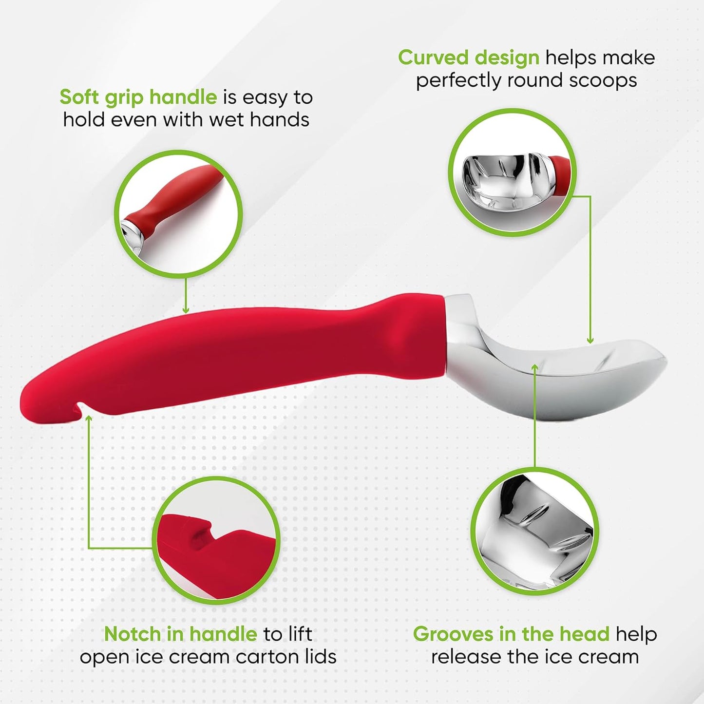 Spring Chef Ice Cream Scoop - Professional Heavy-Duty Sturdy Scooper with Soft Grip Handle | Red