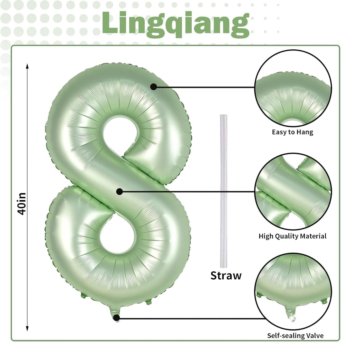 Sage Green Balloon Number 8 - 40 Inch Self-Inflating Foil Helium Balloon for 8th Birthday Party Decorations