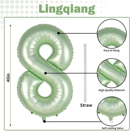 Sage Green Balloon Number 8 - 40 Inch Self-Inflating Foil Helium Balloon for 8th Birthday Party Decorations