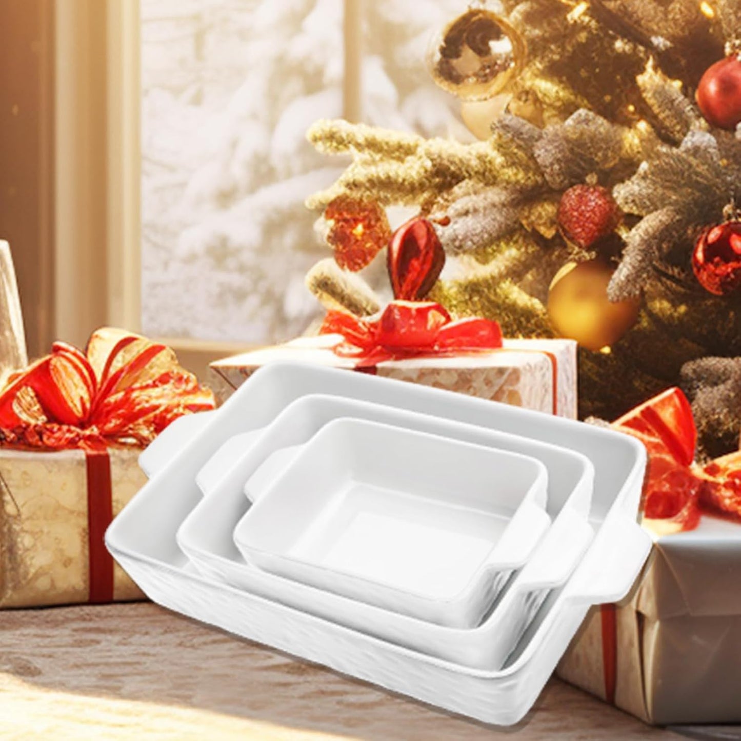 Regine Switzerland Casserole Dishes - Ceramic Baking Pan Set of 3 with Handles | Deep Porcelain Bakeware (11.6" x 7.8", White)