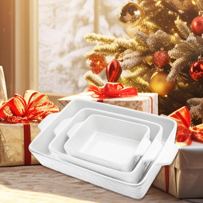 Regine Switzerland Casserole Dishes - Ceramic Baking Pan Set of 3 with Handles | Deep Porcelain Bakeware (11.6" x 7.8", White)
