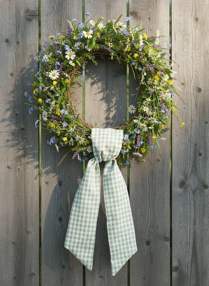 Skiennix Wreath Sash - Green White Checkered Plaid Bow Ribbon Bundle for Home Decor | 2 Pack (5.12" x 54.33")