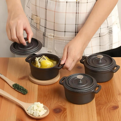 Skiennix Mini Dutch Oven - 6 Pcs Round Cast Iron Cocotte Pots with Lids & Dual Handles - 8 oz Black