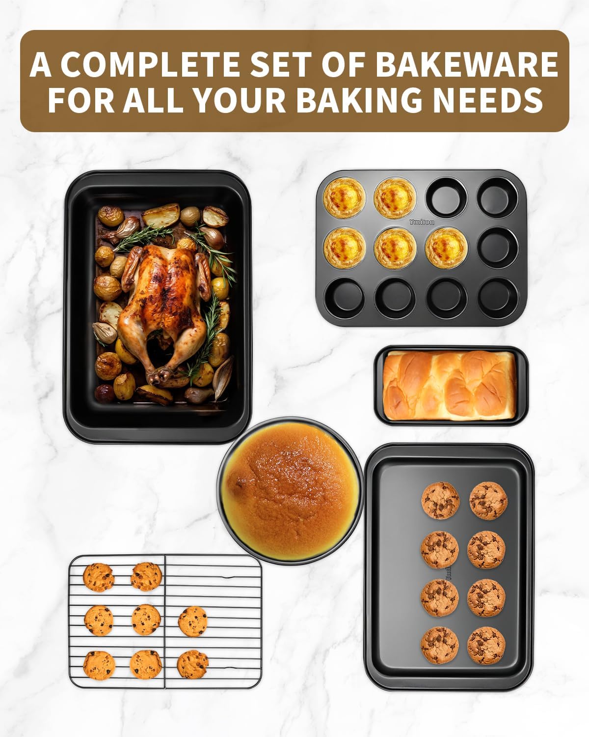 Skiennix Nonstick Baking Pans Set - 19 PCS Stackable Bakeware with Cookie Sheet, Cake Pans & Muffin Pan