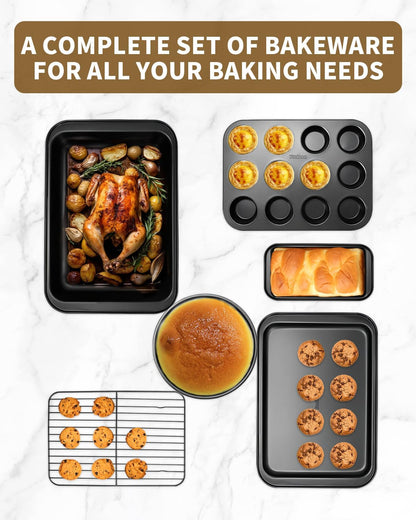 Skiennix Nonstick Baking Pans Set - 19 PCS Stackable Bakeware with Cookie Sheet, Cake Pans & Muffin Pan